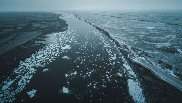 Aerial perspective of icy coastal inlet stretching toward horizon with drifting sea ice floes