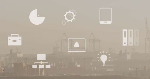 foggy cityscape with business and technology icons overlay - Download Free Stock Images Pikwizard.com