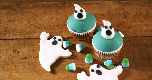 Halloween Ghost Cupcakes and Cookies on Wooden Table - Download Free Stock Images Pikwizard.com