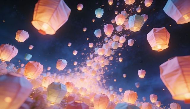 Glowing Paper Lanterns Floating into Starry Night Sky with Warm Sparks and Bokeh Festival