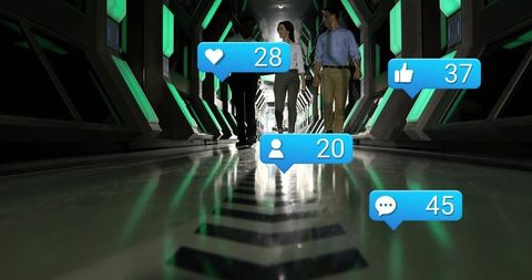 Walking through futuristic tech corridor with floating social media notification overlays