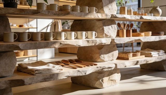 Displaying minimalist retail shelving with stone slabs, ceramic mugs, wooden utensils, linen