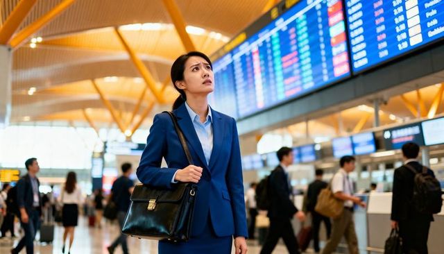 Businesswoman checking departure board at busy airport terminal holding black briefcase
