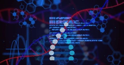 Glowing DNA helix overlaying code and molecular lattice for biotech data visualization