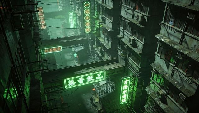 Glowing green neon laneway in cyberpunk urban scene with chinese characters, lone silhouette
