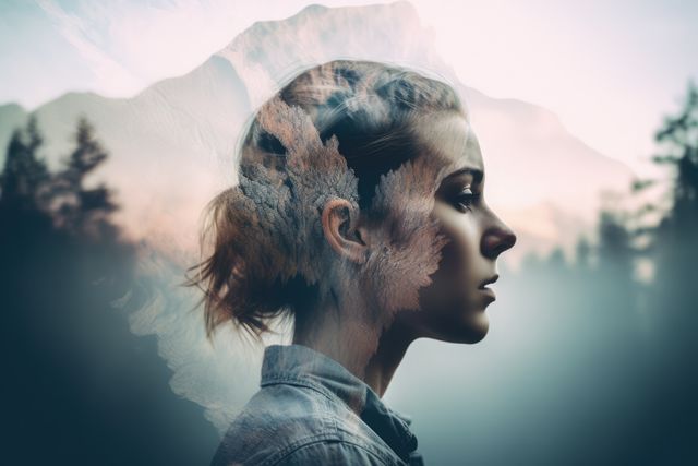 Double exposure with woman's profile and mountains landscape, created using generative ai technology. Double exposure, scenery and nature concept digitally generated image.