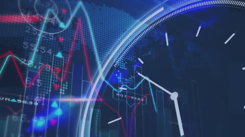This animation depicts a futuristic digital screen featuring a clock and stock market graphs. It combines elements of investment trends and the concept of time, making it suitable for presentations on financial topics, investment strategies, or as a dynamic background in corporate or fintech programming. Use it to emphasize the importance of time in trading and investment decisions while conveying a cutting-edge, technological theme.