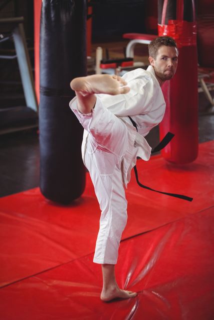 Karate practitioner executing a high kick in a fitness studio. Ideal for use in content related to martial arts training, self-defense techniques, fitness routines, and combat sports. Can be used in promotional materials for martial arts schools, fitness centers, and sports equipment.
