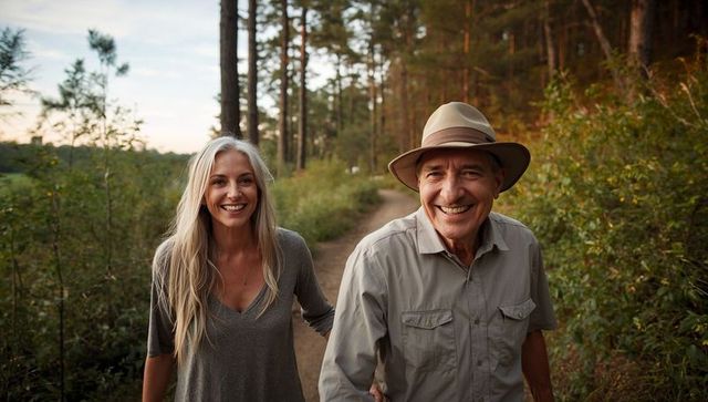 Smiling mature couple walking along pine forest trail during golden hour