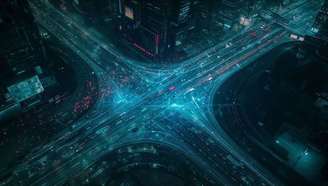 Futuristic neon lit highways: x-shaped interchange from above