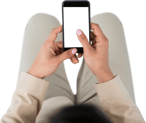 Overhead view of businesswoman holding transparent smartphone screen