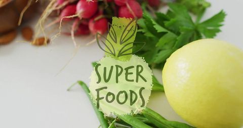 Fresh vegetables with super foods promo label