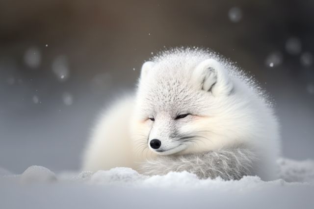 Sleeping arctic fox curled up in snow during winter. Can be used in contexts about wildlife, nature, animals adapting to cold climates, or conveying serenity and peace.