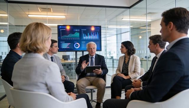 Senior executive leading strategy meeting with financial dashboards and data visualization