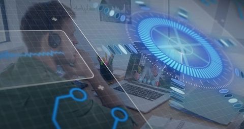 Woman joining remote meeting with holographic HUD and virtual collaboration overlay