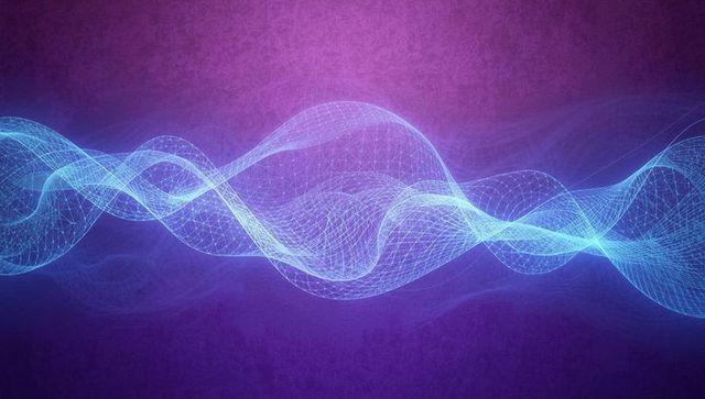 Vibrant Blue Wireframe Wave on Gradient Purple