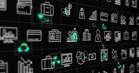 Projecting Business Technology Icons on Dark Grid with Neon Green Glows and Analytics Charts