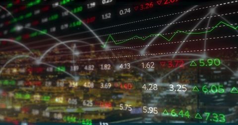 City Skyline with Digital Stock Market Overlay