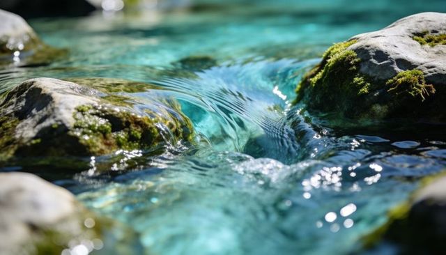 Turquoise mountain stream flowing through mossy rocks with sparkling water highlights