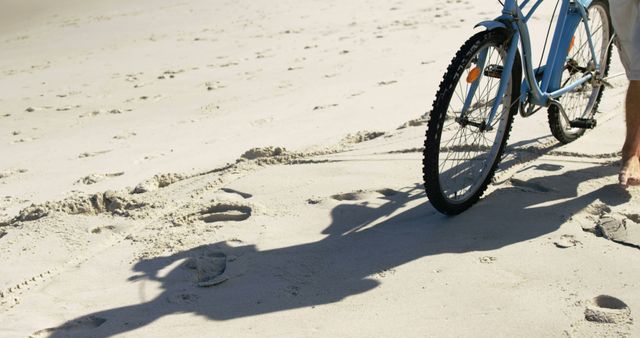 Bicycle Tire Marks on Sandy Beach with Bike and Person Walking - Download Free Stock Images Pikwizard.com