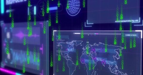Futuristic Interface with World Map and Cascading Binary Code