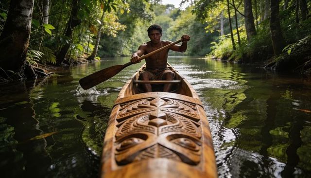 Paddling shirtless local man guiding carved wooden canoe down jungle river rainforest canopy