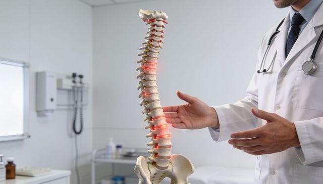 Doctor explaining spinal anatomy with illuminated vertebrae model during consultation