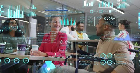 Diverse business meeting under digital finance overlay