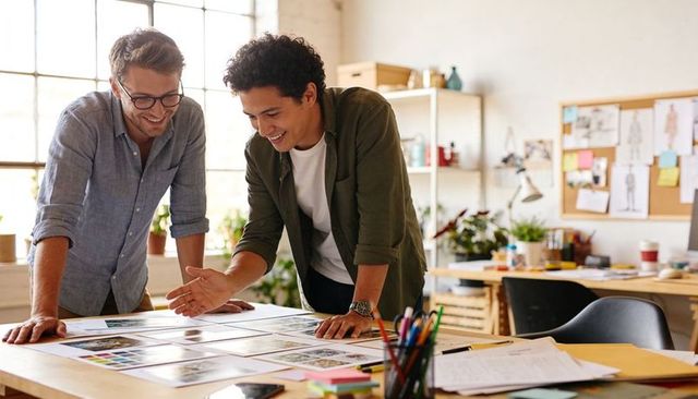 Designers collaborating over printed layouts and color swatches in bright creative studio