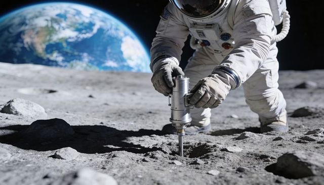 Astronaut Drilling Lunar Core Sample on Moon Surface with Earth Rising Over Horizon