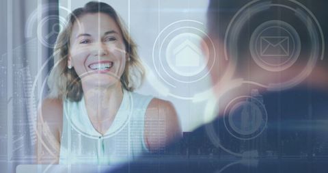 Smiling Businesswoman in Futuristic Digital Interface Meeting