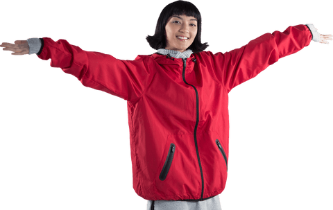 Smiling woman in red jacket embracing openness on transparent background