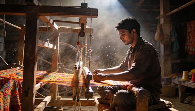 Weaving artisan creating colorful handloom textile in sunlit rustic workshop