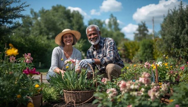 Senior man and midlife woman gardening together in sunny backyard planting flowers