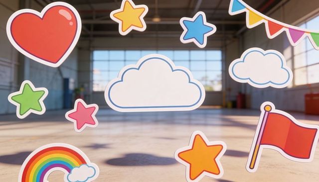 Vinyl cloud sticker floating on clear panel framed by colorful cartoon decals at hangar