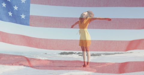 American Flag Overlay on Woman Embracing Beach Freedom