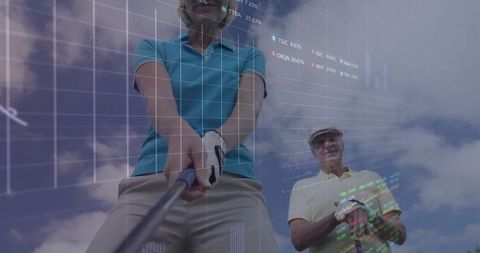Woman preparing golf swing overlayed with financial charts