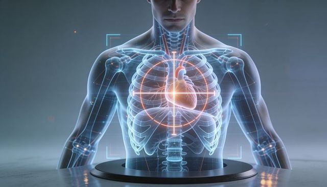 Holographic cardiac scan showing glowing heart and transparent skeleton in futuristic lab