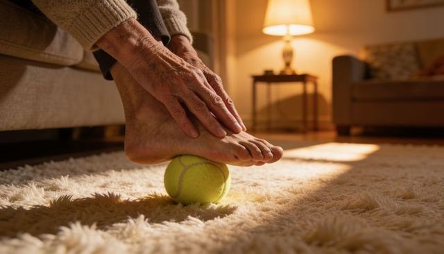 Senior rolling foot on tennis ball on plush rug relieving plantar fascia pain at home