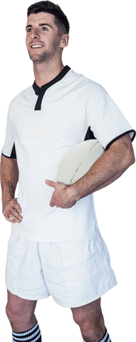 Cheerful rugby player with transparent background holding rugby ball