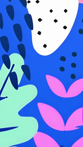 Vibrant Abstract Botanical Pattern Vertical Video Featuring Mint Pink Leaves on Blue Art