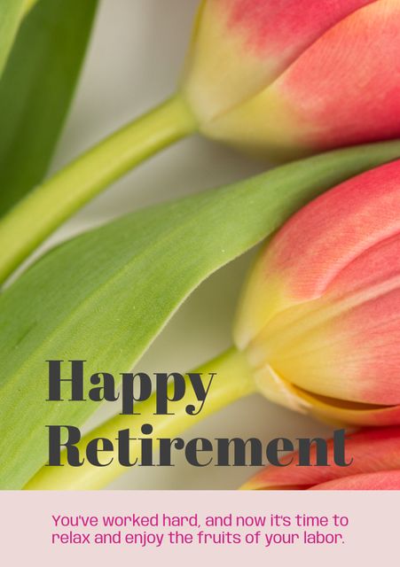 This image features vibrant tulips coupled with retirement wishes. Ideal for retirement cards, encouraging messages for retirees, celebration decorations, social media posts honoring someone’s retirement, or printed materials for retirement parties. The colorful flowers symbolize happiness and a fresh chapter, adding a positive and cheerful note to any farewell gesture.