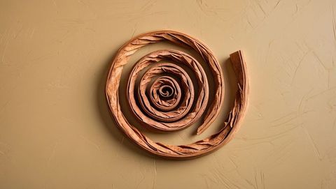 Coiled sandalwood bark spiral on textured plaster