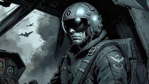 Veteran pilot navigating f16 fighter jet cockpit in cloudy skies