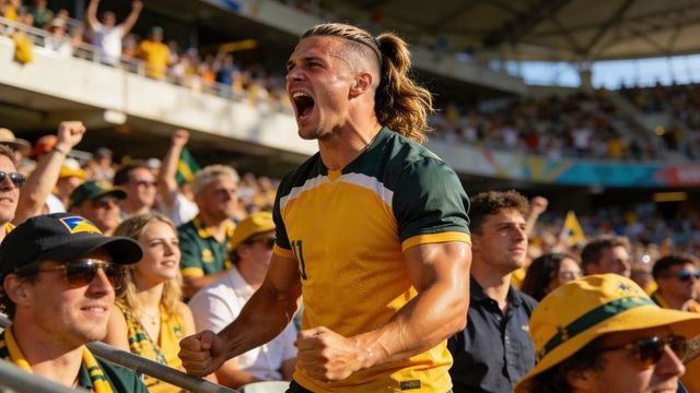Shouting sports fan clenching fists in yellow-green jersey at packed stadium crowd