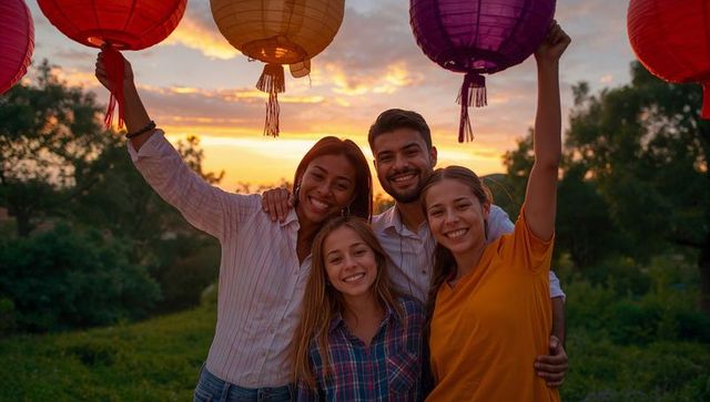 Friends celebrating at sunset holding colorful paper lanterns smiling outdoors