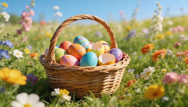 Wicker easter basket brimming with hand-painted eggs in wildflower meadow at sunrise