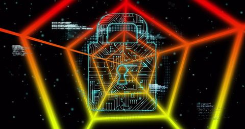 Futuristic cyber security padlock in hexagonal digital tunnel