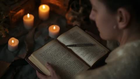 Shawled reader writing in journal by candlelight, cozy nocturnal journaling and reflection