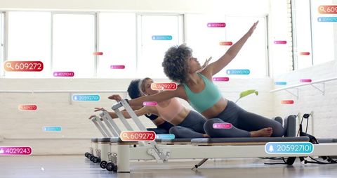 Practicing reformer pilates with real-time digital form tracking and social metrics